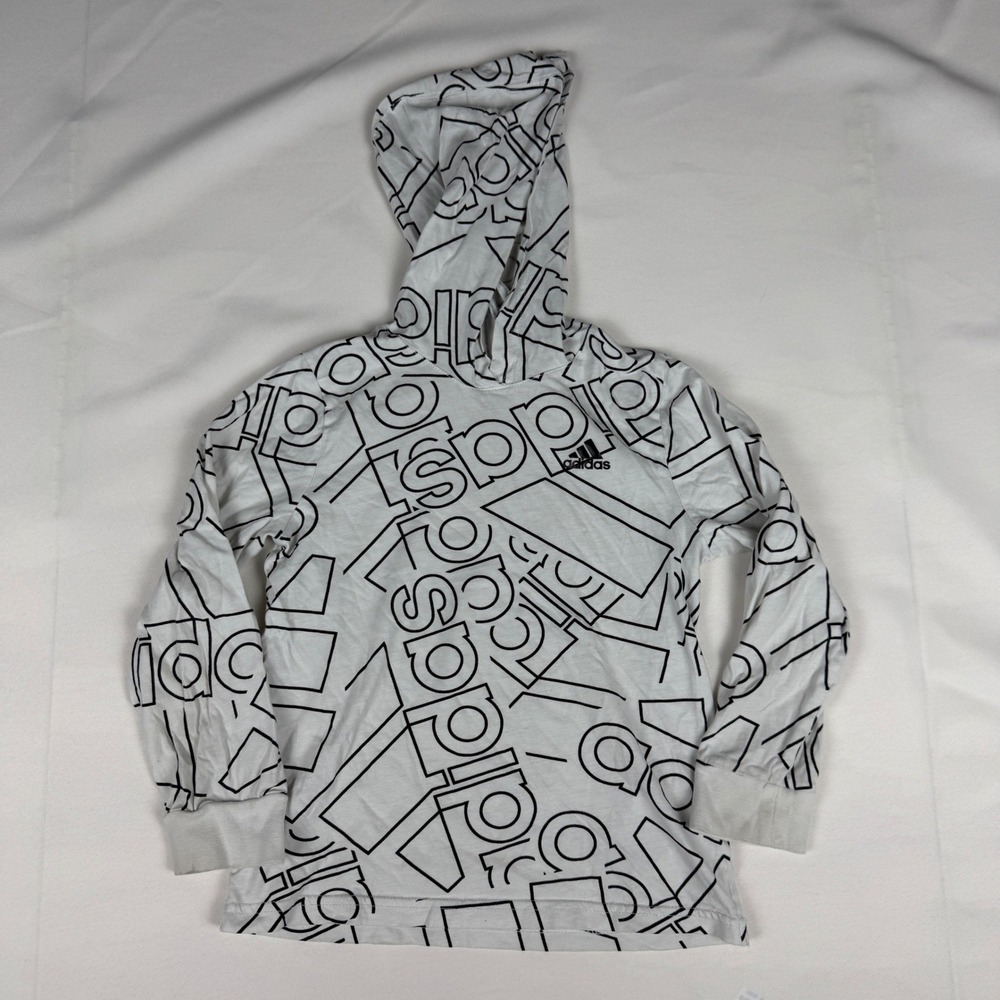 Adidas Boys White Black All Over Logo Print Hooded T-Shirt Size 5 FGL009